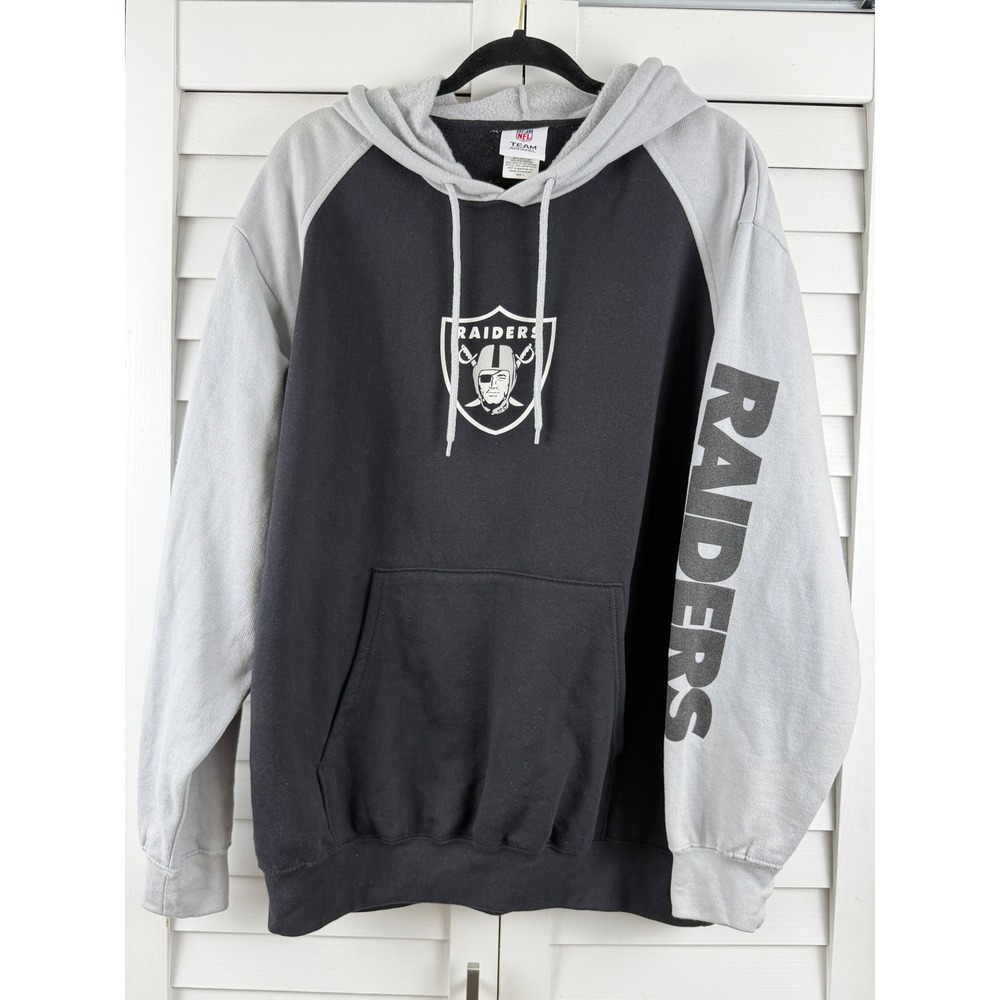 NFL Team Apparel Raiders Hoodie Mens L Black Gray Raglan Fleece Logo